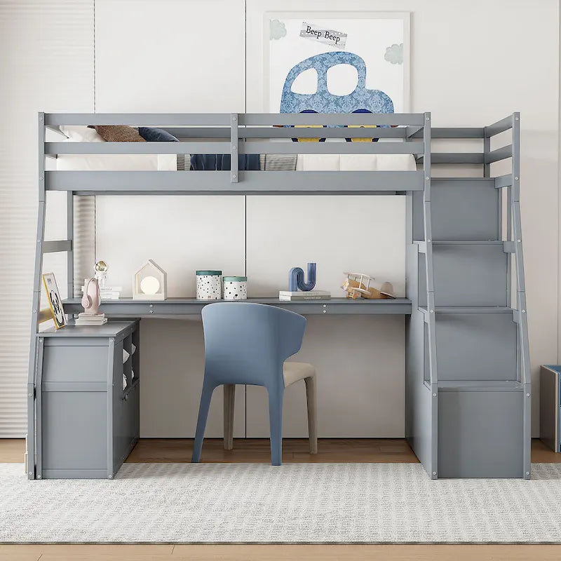 Lit mezzanine en pin avec bureau et rangements