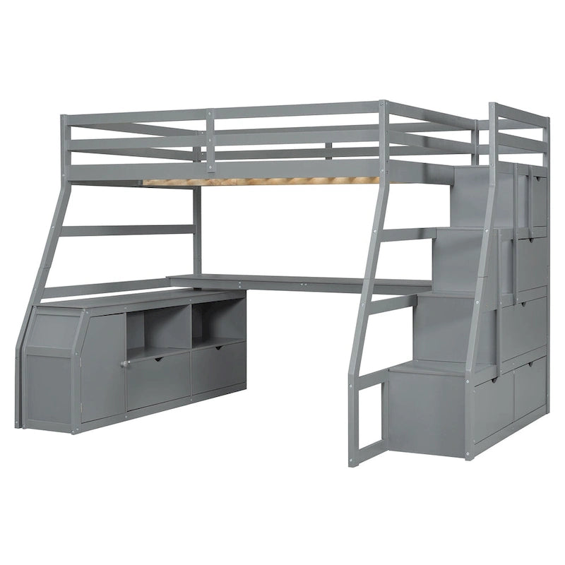Lit mezzanine en pin avec bureau et rangements