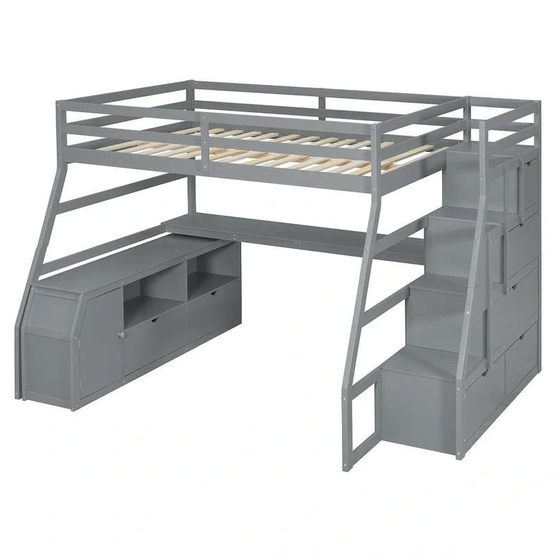 Lit mezzanine en pin avec bureau et rangements