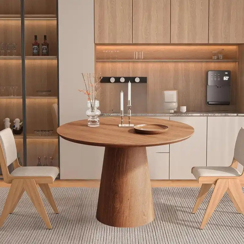 Table de salle à manger ronde pour 4-6 personnes, en bois naturel avec pied conique en bois, style rustique minimaliste