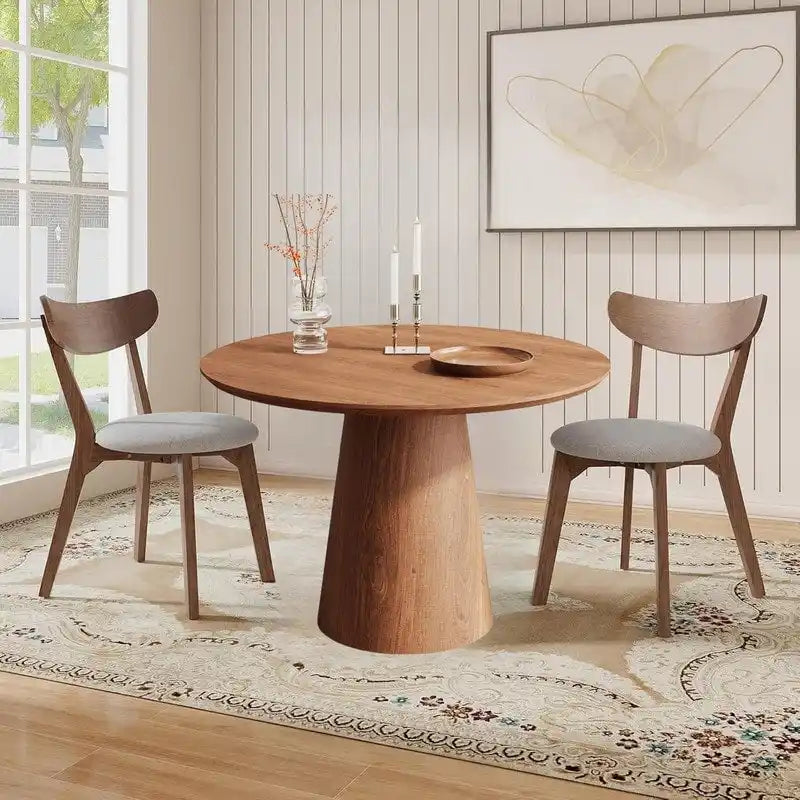 Table de salle à manger ronde pour 4-6 personnes, en bois naturel avec piétement conique en bois, table à manger rustique et minimaliste