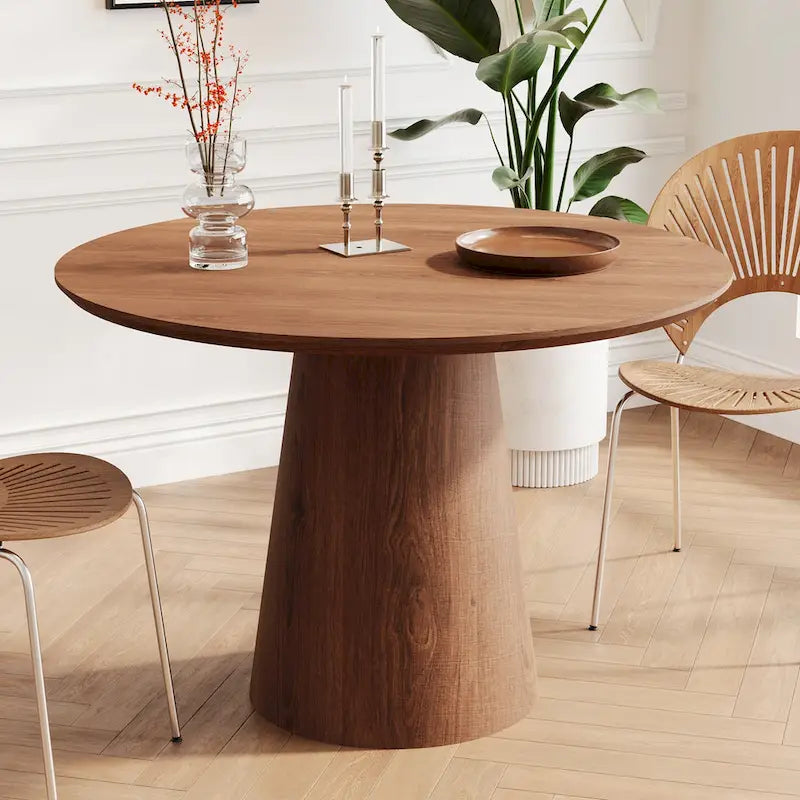 Table de salle à manger ronde pour 4-6 personnes, en bois naturel avec piétement conique en bois, table à manger rustique et minimaliste