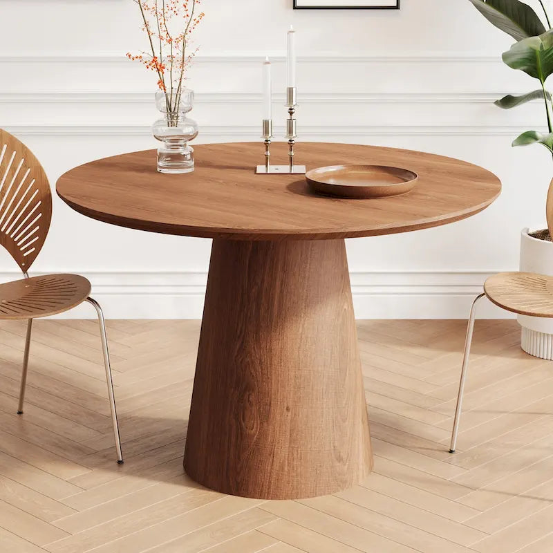 Table de salle à manger ronde pour 4-6 personnes, en bois naturel avec piétement conique en bois, table à manger rustique et minimaliste