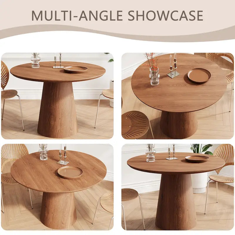 Table de salle à manger ronde pour 4-6 personnes, en bois naturel avec piétement conique en bois, table à manger rustique et minimaliste