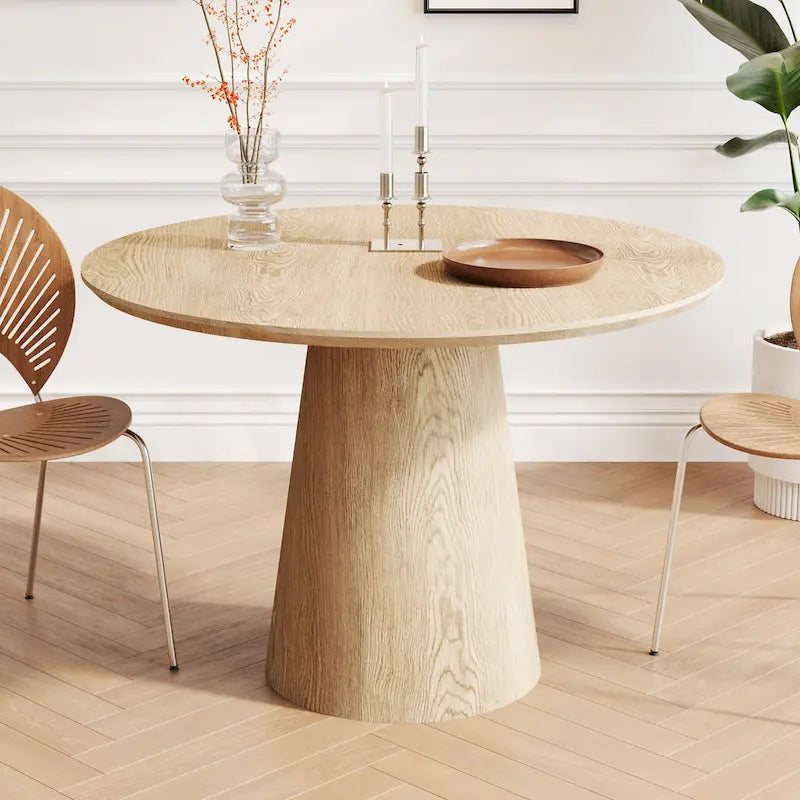Table de salle à manger ronde pour 4-6 personnes, en bois naturel avec piétement conique en bois, table à manger rustique et minimaliste
