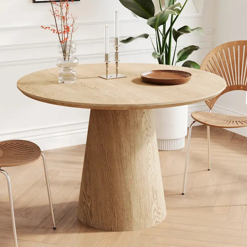 Table de salle à manger ronde pour 4-6 personnes, en bois naturel avec piétement conique en bois, table à manger rustique et minimaliste