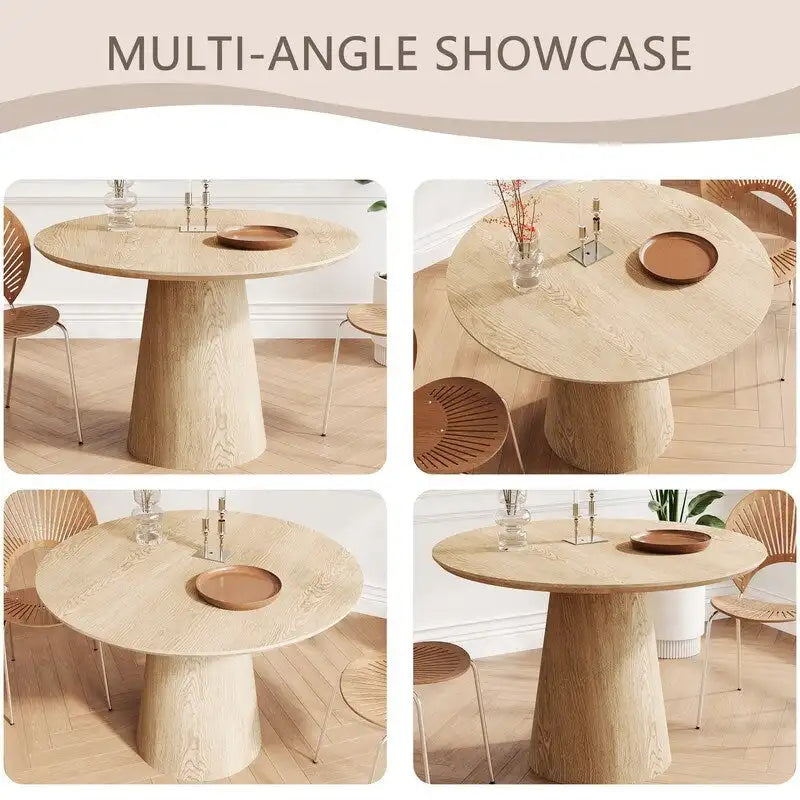 Table de salle à manger ronde pour 4-6 personnes, en bois naturel avec piétement conique en bois, table à manger rustique et minimaliste