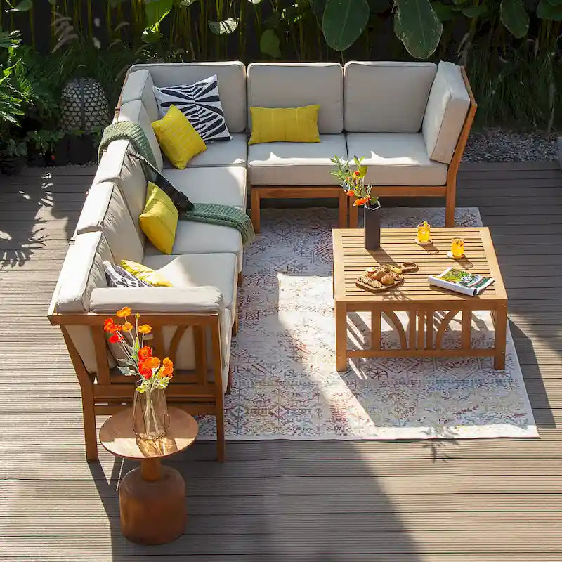 Ensemble sectionnel de patio en teck Cambridge Casual Lowell 6 pièces avec coussins
