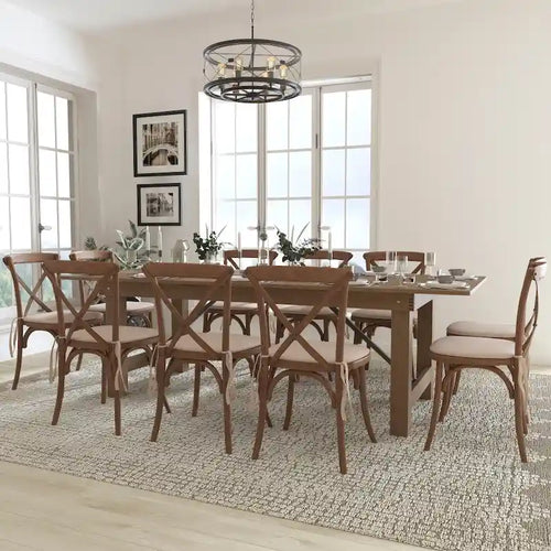 Ensemble de 10 chaises à dossier croisé et coussins avec table de ferme pliante rustique 8 x 40