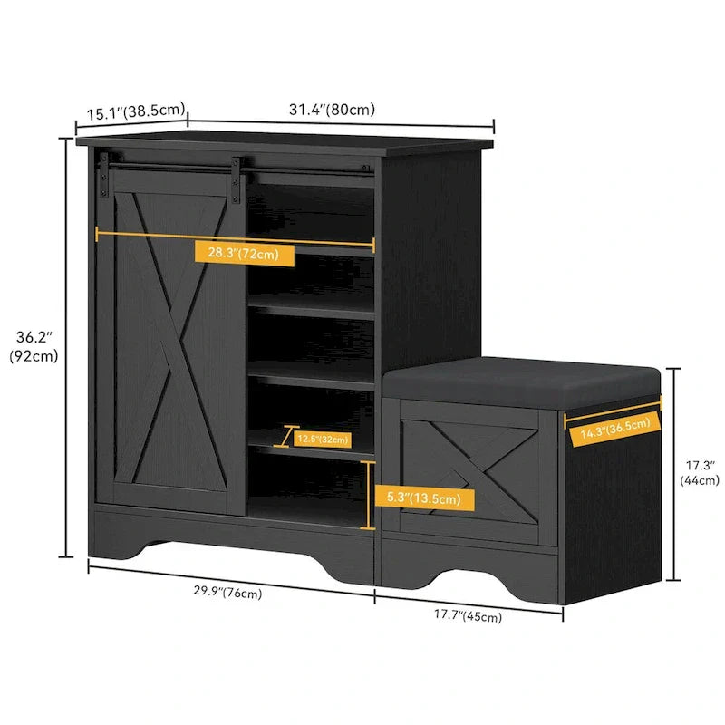 Meuble à chaussures de ferme avec porte coulissante, banc à chaussures, armoire de rangement à 5 niveaux avec étagères réglables pour 20 paires