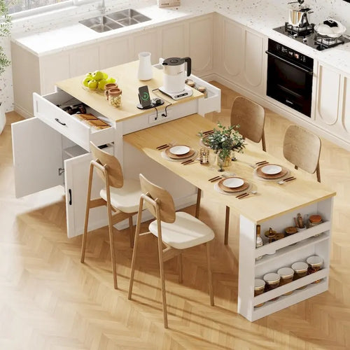 Îlot de cuisine en bois de 210 cm pour 4 à 6 personnes avec table à manger extensible et rangement double.
