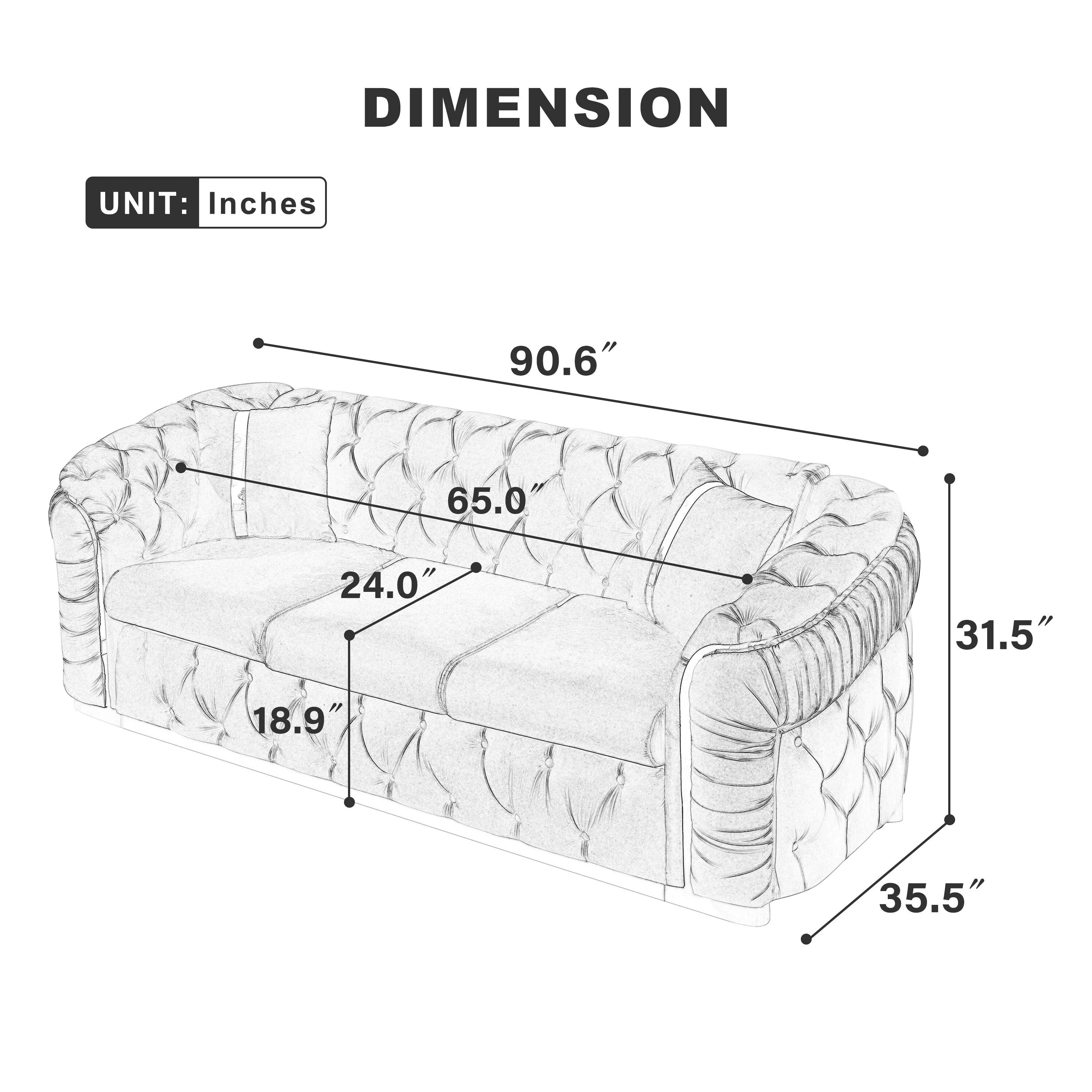 Canapé 3 places Velvet 90,6 po avec 2 oreillers, coussins haute densité, accents dorés et oreillers