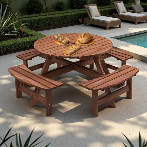 Ensemble de salle à manger rond en bois de sapin pour patio extérieur 8 personnes avec 4 bancs intégrés et trou pour parasol