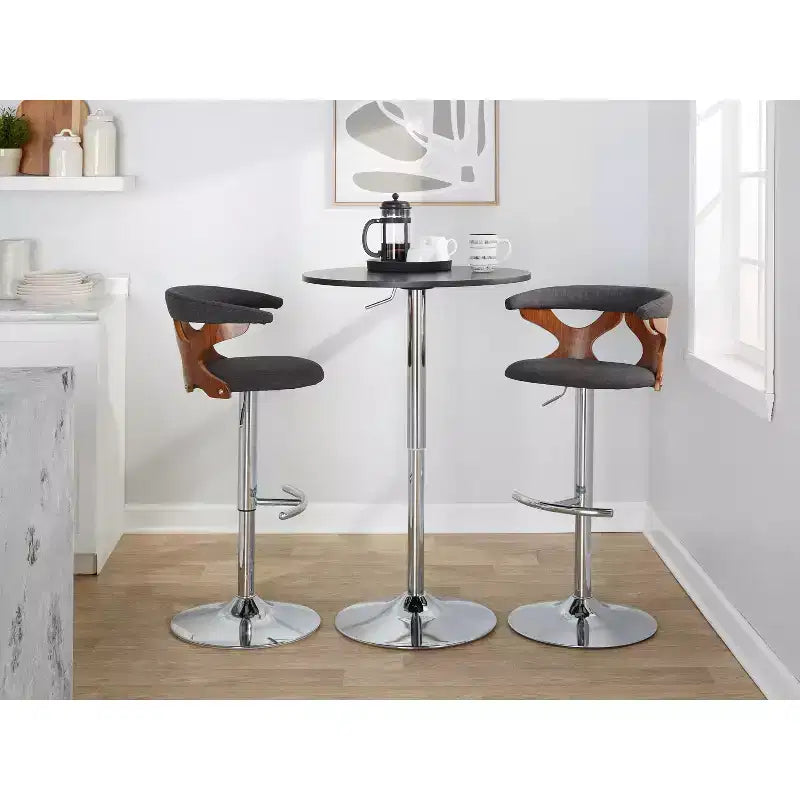 LumiSource – Lot de 2 tabourets de bar réglables Gardenia en métal chromé/bois de noyer/tissu anthracite