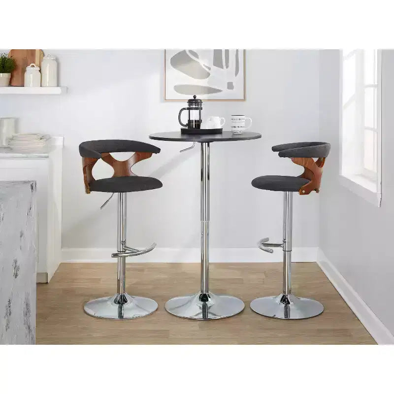 LumiSource – Lot de 2 tabourets de bar réglables Gardenia en métal chromé/bois de noyer/tissu anthracite