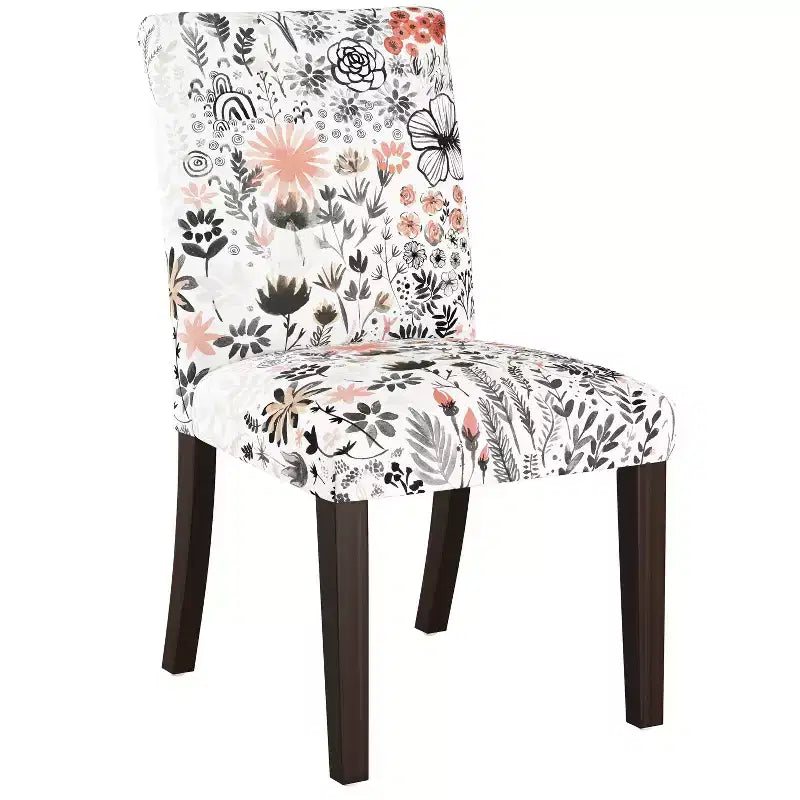 Chaise de salle à manger Skyline Furniture Hendrix en motif botanique hivernal rouge : mélange lin et coton, sans accoudoirs.