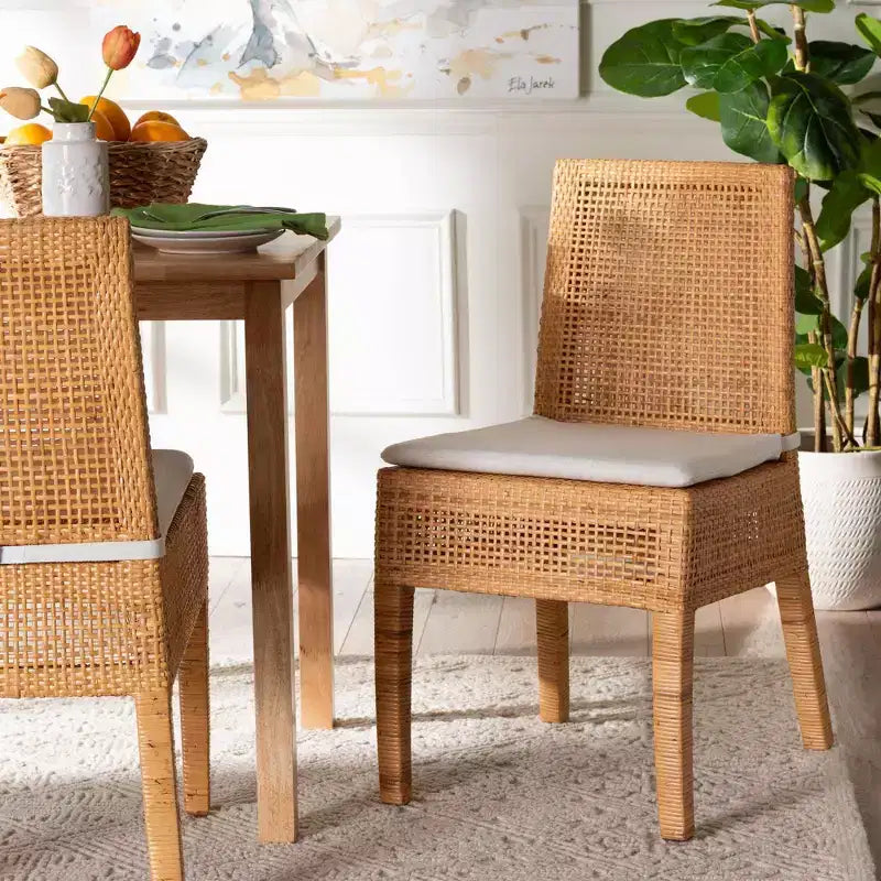 Chaise de salle à manger en rotin bali & pari Morris Miel clair/Blanc