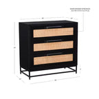 Powell Gordon Commode en bois massif et cannage naturel, pieds en métal noir, 3 tiroirs, noire : style maison de campagne moderne, plateau en manguier