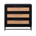 Powell Gordon Commode en bois massif et cannage naturel, pieds en métal noir, 3 tiroirs, noire : style maison de campagne moderne, plateau en manguier