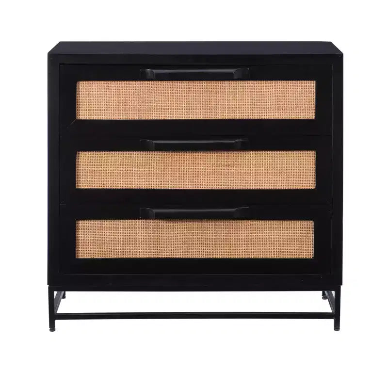 Powell Gordon Commode en bois massif et cannage naturel, pieds en métal noir, 3 tiroirs, noire : style maison de campagne moderne, plateau en manguier