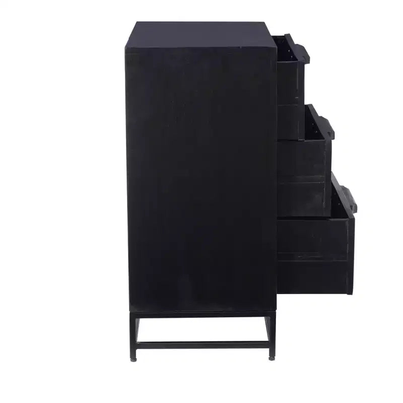 Powell Gordon Commode en bois massif et cannage naturel, pieds en métal noir, 3 tiroirs, noire : style maison de campagne moderne, plateau en manguier