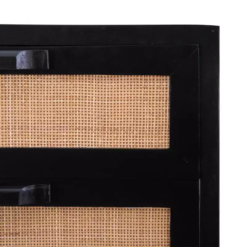 Powell Gordon Commode en bois massif et cannage naturel, pieds en métal noir, 3 tiroirs, noire : style maison de campagne moderne, plateau en manguier