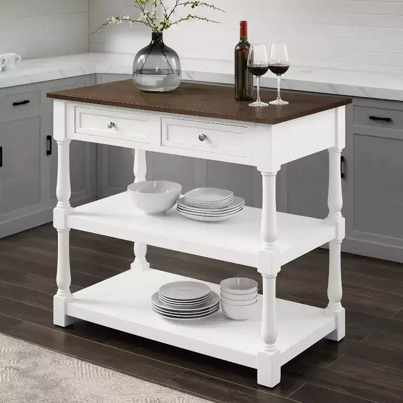 Caitlyn Wood Top Kitchen Island White/Dark Brown - Crosley : Rangement, pieds tournés, étagères fixes