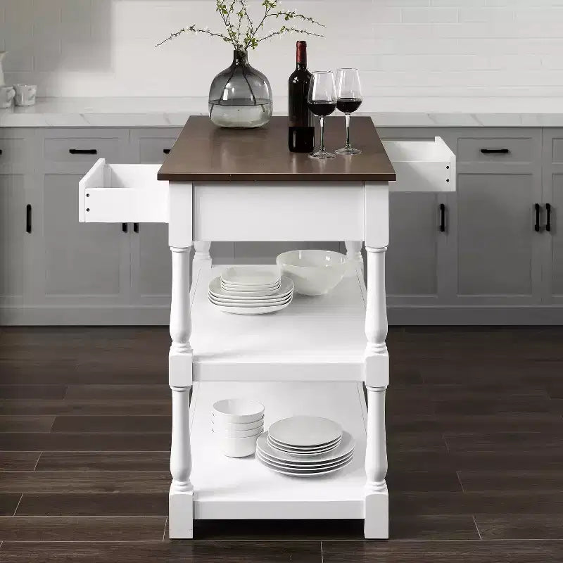 Caitlyn Wood Top Kitchen Island White/Dark Brown - Crosley : Rangement, pieds tournés, étagères fixes