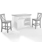 Silvia Stainless Steel Top Kitchen Island with X Back Stools White/Gray - Crosley