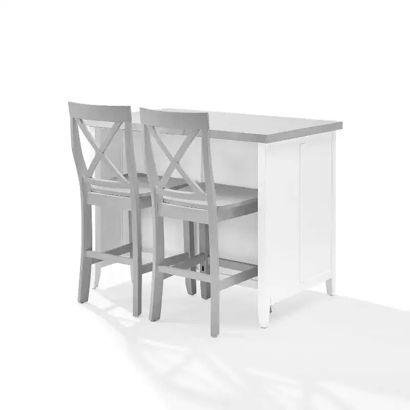 Îlot de cuisine Silvia avec dessus en acier inoxydable et tabourets à dossier en X Blanc/Gris - Crosley