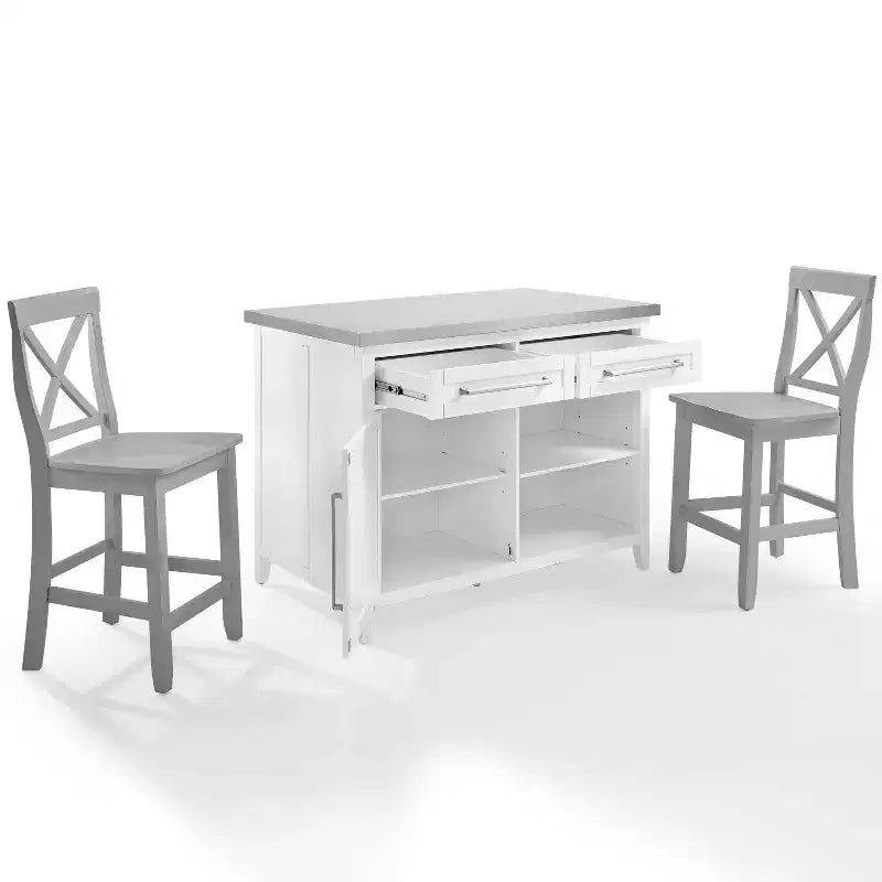 Îlot de cuisine Silvia avec dessus en acier inoxydable et tabourets à dossier en X Blanc/Gris - Crosley