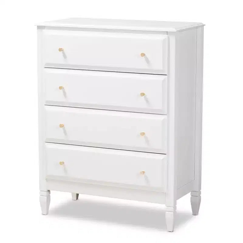Commode de chambre 4 tiroirs en bois Naomi Baxton Studio blanc/doré : solution de rangement élégante avec quincaillerie anti-basculement