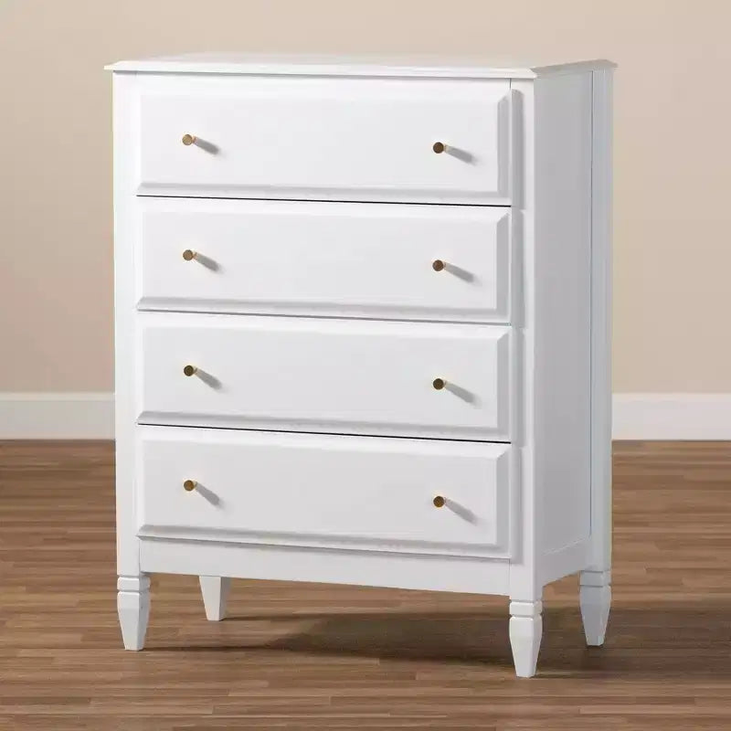 Commode de chambre 4 tiroirs en bois Naomi Baxton Studio blanc/doré : solution de rangement élégante avec quincaillerie anti-basculement