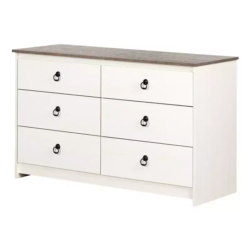 Commode double 6 tiroirs Plenny de South Shore : Blanc délavé/Chêne vieilli, quincaillerie anti-basculement, finition laminée, 52 po de largeur