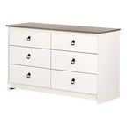 Commode double 6 tiroirs Plenny de South Shore : Blanc délavé/Chêne vieilli, quincaillerie anti-basculement, finition laminée, 52 po de largeur