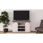 Meuble TV moyen Signature Design by Ashley Dorrinson pour téléviseurs jusqu'à 63 po, bicolore : console média de style ferme avec étagères réglables