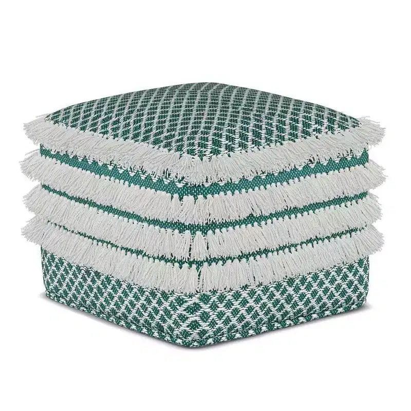 Pouf Ari carré en PET tissé, turquoise/blanc - WyndenHall