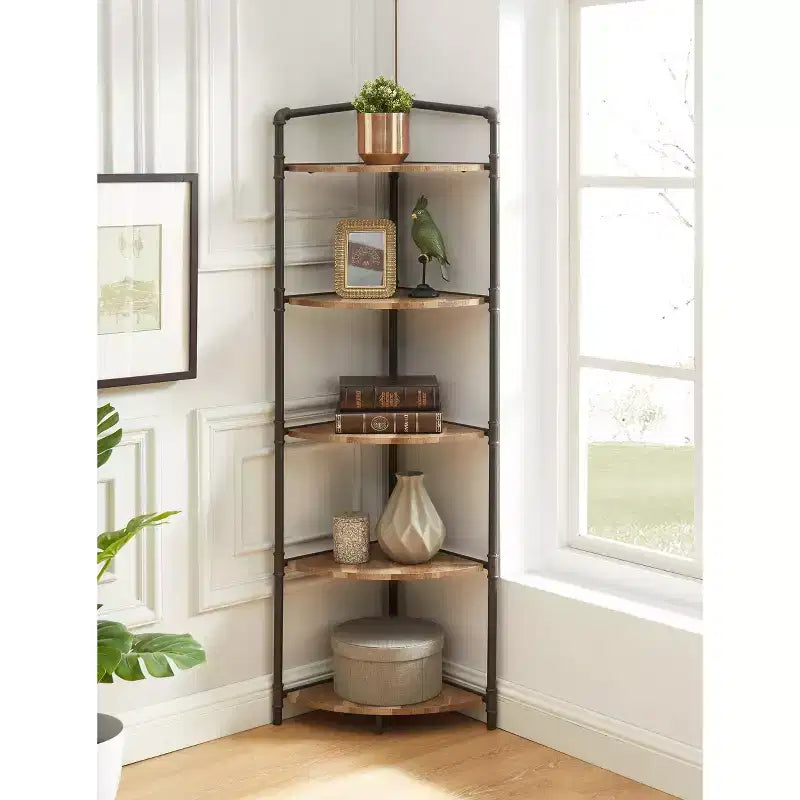 Étagère d'angle 5 niveaux Beeme 63,75 po 24/7 Shop At Home noir sable/cuivre clair pur : Rangement en MDF de style industriel