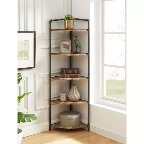 Étagère d'angle 5 niveaux Beeme 63,75 po 24/7 Shop At Home noir sable/cuivre clair pur : Rangement en MDF de style industriel