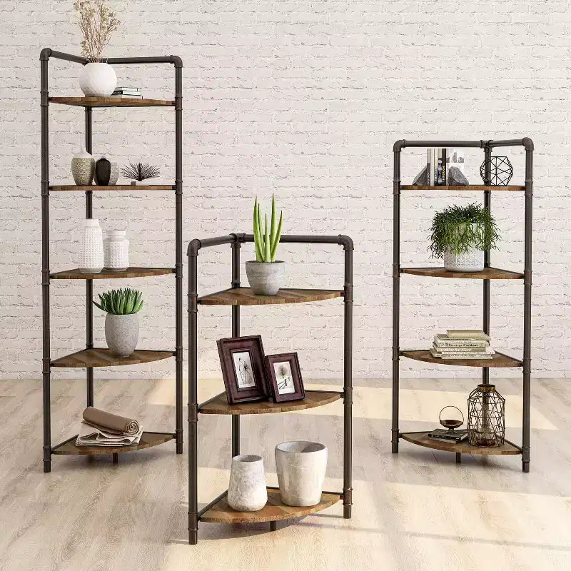 Étagère d'angle 5 niveaux Beeme 63,75 po 24/7 Shop At Home noir sable/cuivre clair pur : Rangement en MDF de style industriel
