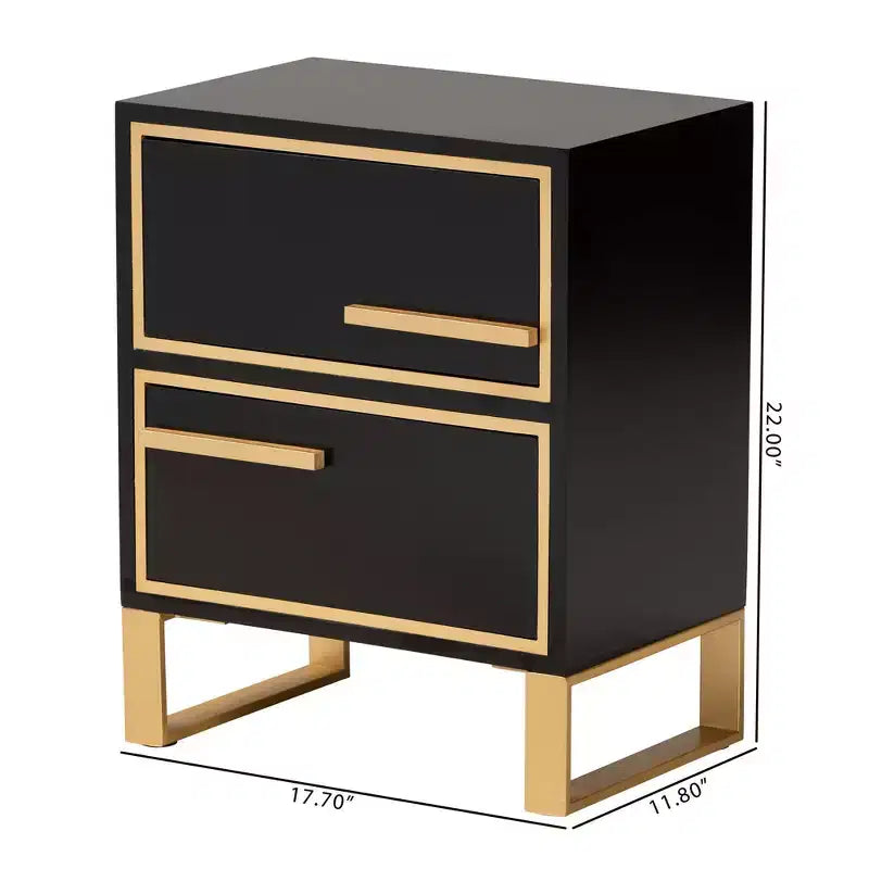 Table d'appoint Giolla en bois et métal avec 2 tiroirs Noir/Doré - Baxton Studio : Table d'appoint élégante avec rangement, design moderne