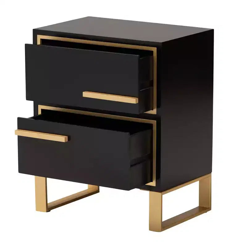 Table d'appoint Giolla en bois et métal avec 2 tiroirs Noir/Doré - Baxton Studio : Table d'appoint élégante avec rangement, design moderne