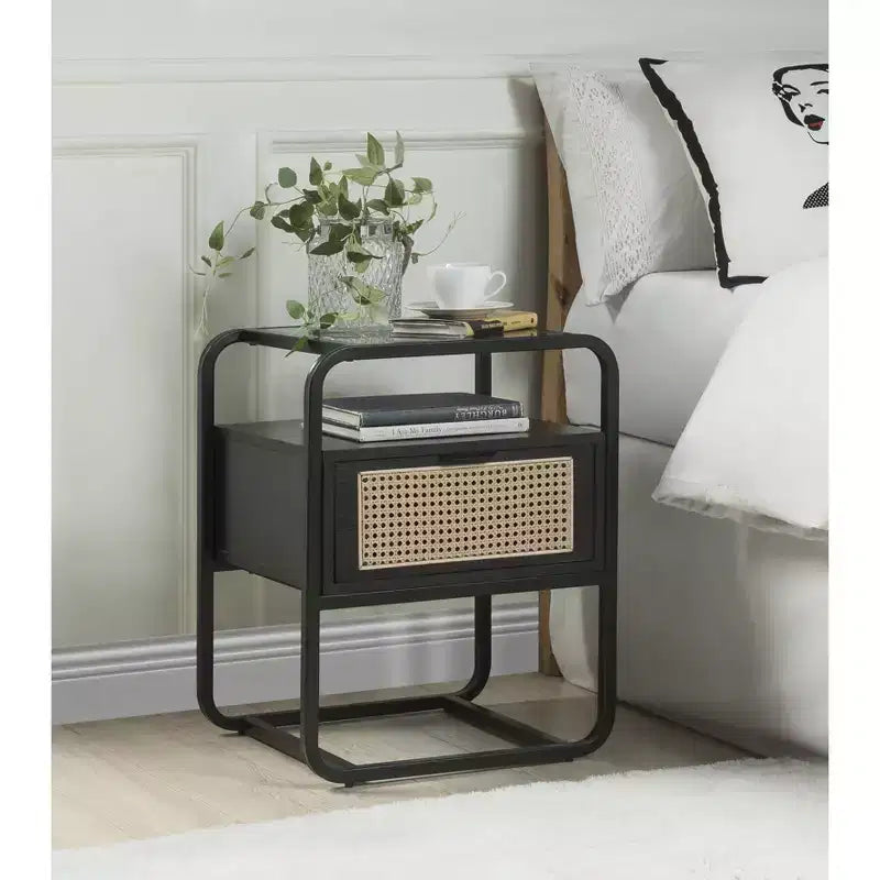 Table d'appoint Colson 19" finition noire - Meubles Acme : 24" de haut, plateau en verre, cadre en métal, tiroir de rangement