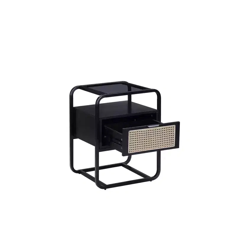 Table d'appoint Colson 19" finition noire - Meubles Acme : 24" de haut, plateau en verre, cadre en métal, tiroir de rangement