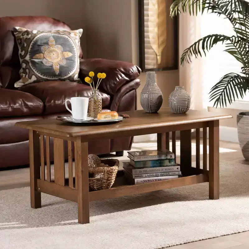 Table basse rectangulaire en bois Rylie marron - Baxton Studio : Style Mission, étagère de rangement inférieure