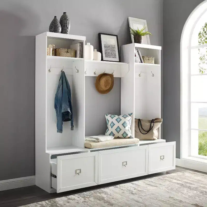 Ensemble d'entrée 4 pièces Harper avec banc, étagère et 2 patères murales blanc - Crosley