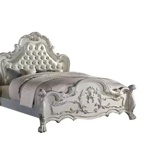 Acme Furniture 97" California King Bed Dresden Bed Synthetic Leather and Bone White Finish : Rococo Style Ample Size, Camelback Design