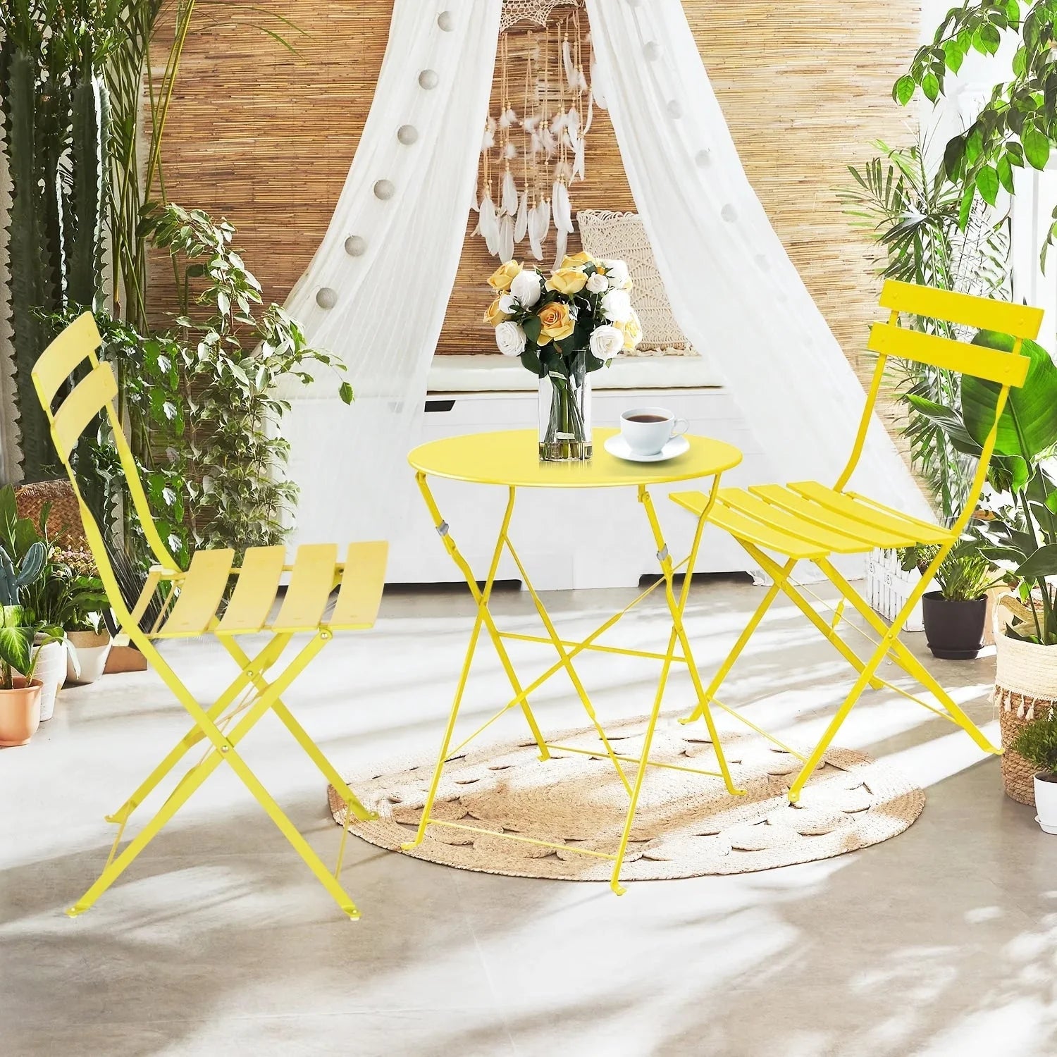 Ensemble bistrot pliant en métal 3 pièces, salon de conversation intérieur/extérieur résistant aux intempéries pour patio, cour, jardin