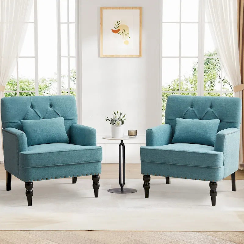 Lot de 2 fauteuils rembourrés avec boutons touffetés et oreiller lombaire beige/gris/bleu clair