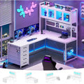 Bureau Gamer en L, Bureau d'Ordinateur avec Panneau Perforé, 5 Tiroirs et Étagère de Rangement